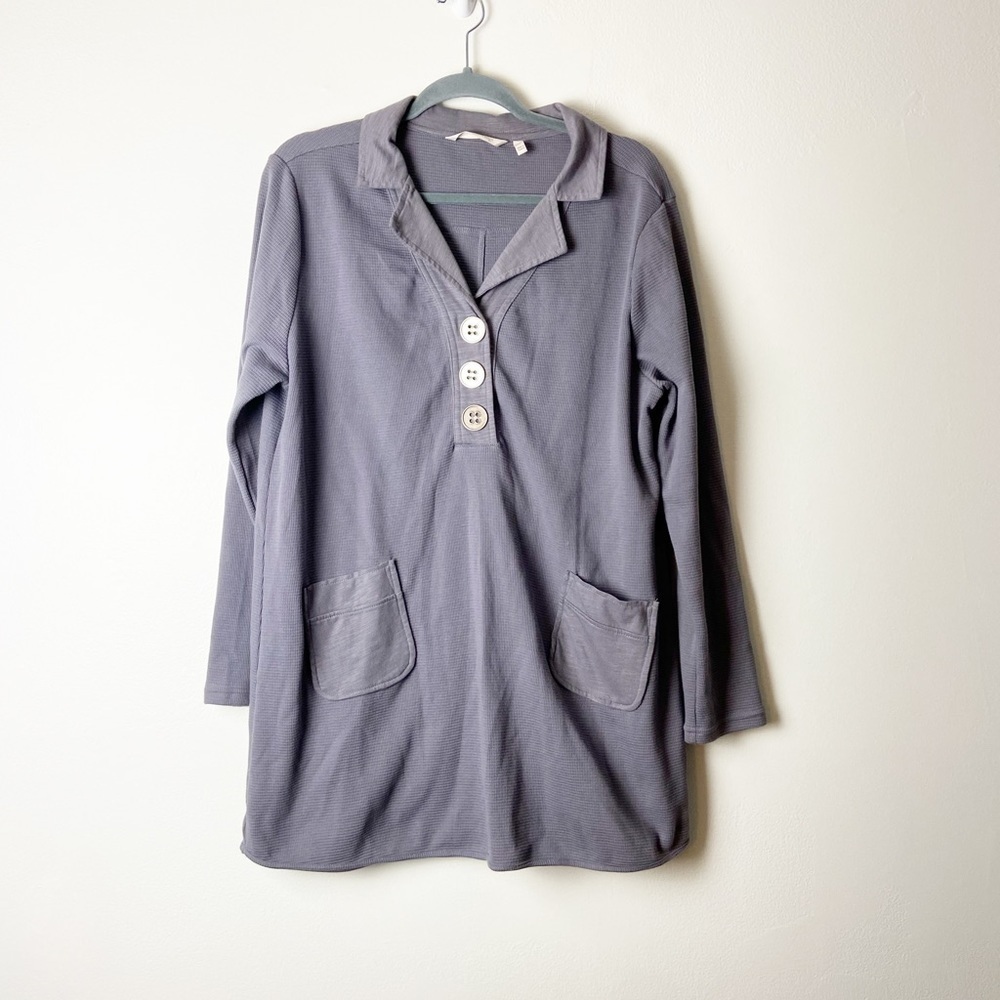 SOFT SURROUNDINGS • Women’s Take Two Henley Waffle Knit Grey Pullover Top Sz PXL